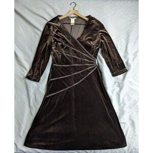 Seventh Avenue Dress Brown Velvet Gem Ruched Faux Wrap Vintage Womens Size 16